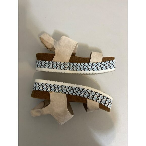 Skechers Luxe Foam Sz 8 Beige Blue Platform Espadrille Velcro Faux Buckle Entry - Picture 7 of 8